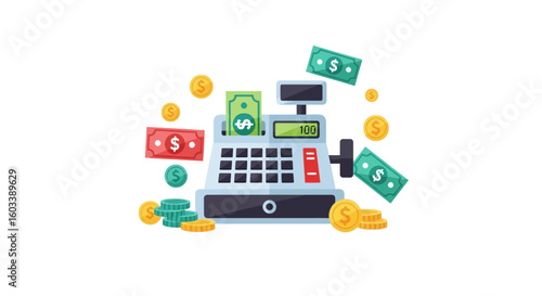 Retro-Style Cash Register with Falling Money and Coins