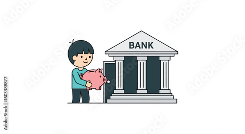 Cartoon Boy Holding Pink Piggy Bank Near Bank Building Illustration