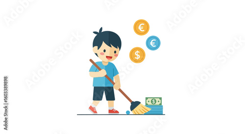 Cartoon Boy Sweeping Money with Broom, Euro and Dollar Coins