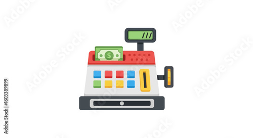 Cartoon Cash Register with Green Dollar Bill and Colorful Buttons