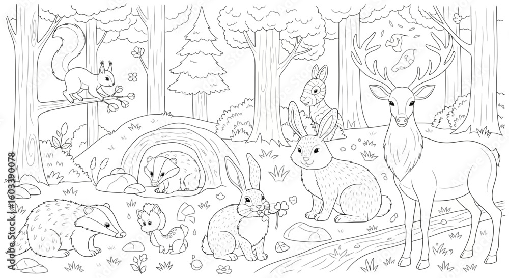 Fototapeta premium Drawing to paint forest animals coloring page for kids and adults with deer rabbit squirrel badger and birds to print vector