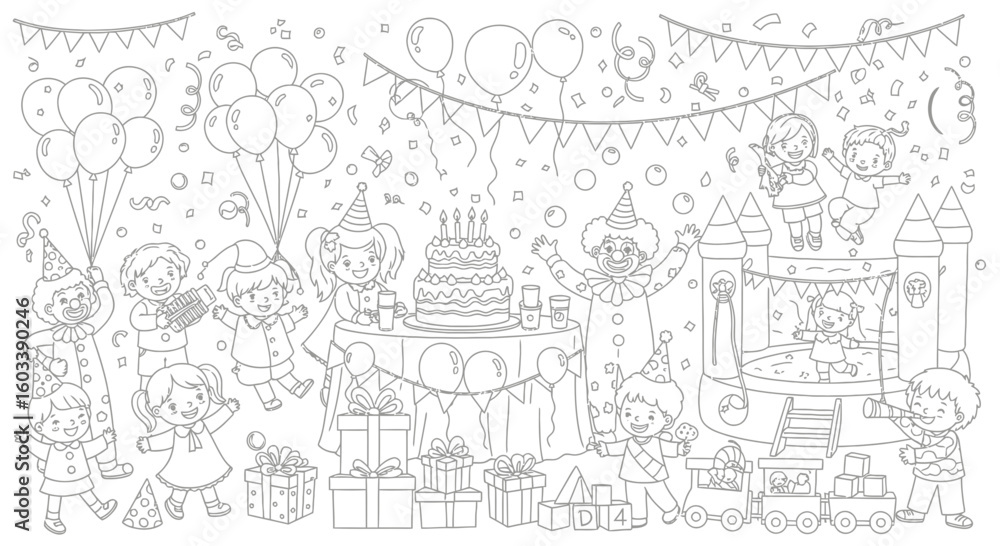 Obraz premium Drawing to paint birthday party coloring page with kids, clown, cake, gifts, balloons, and bouncy castle illustration art vector