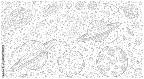 Drawing to paint explore the universe coloring page with planets galaxies and stars for kids and adults to print and color vector