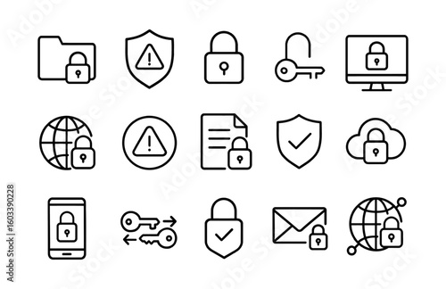 Security and warning icons set. Lock, key, shield, folder, cloud, document, globe, outline style.