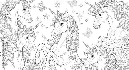Drawing to paint unicorns coloring page drawing for adults and kids mythical creatures fantasy art unicorns line art design vector