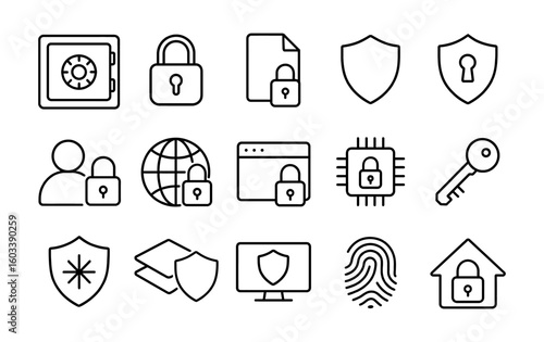 Security outline icons set with safe, padlock, shield, key, fingerprint, protected file, house, monitor.