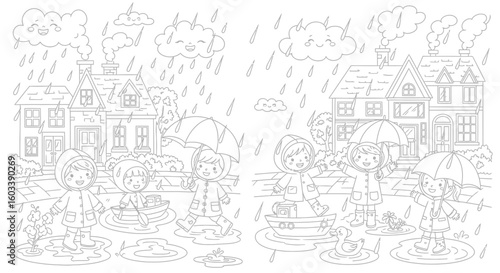 Drawing to paint coloring page of children playing in the rain with umbrellas and boats in a rainy day scene drawing vector