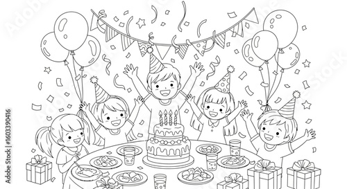 Drawing to paint birthday party coloring page for kids with cake balloons and gifts vector illustration printable activity vector