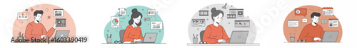 Digitally illustrated composition of four professionals working at desks with laptops and plants
