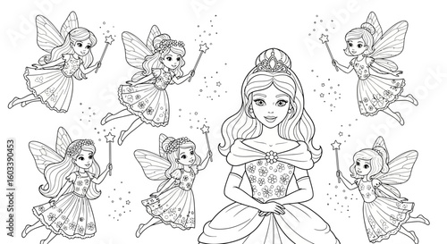 Drawing to paint princess and fairies coloring page for kids and adults printable fairy tale fantasy line art drawing vector