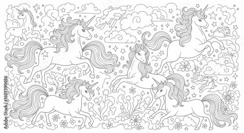 Drawing to paint unicorn coloring page for kids and adults, magical creatures line art, mythical animals, fantasy art, unicorns vector