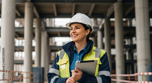 A smiling female engineer in a hard hat holding a tablet, inspecting a construction site.