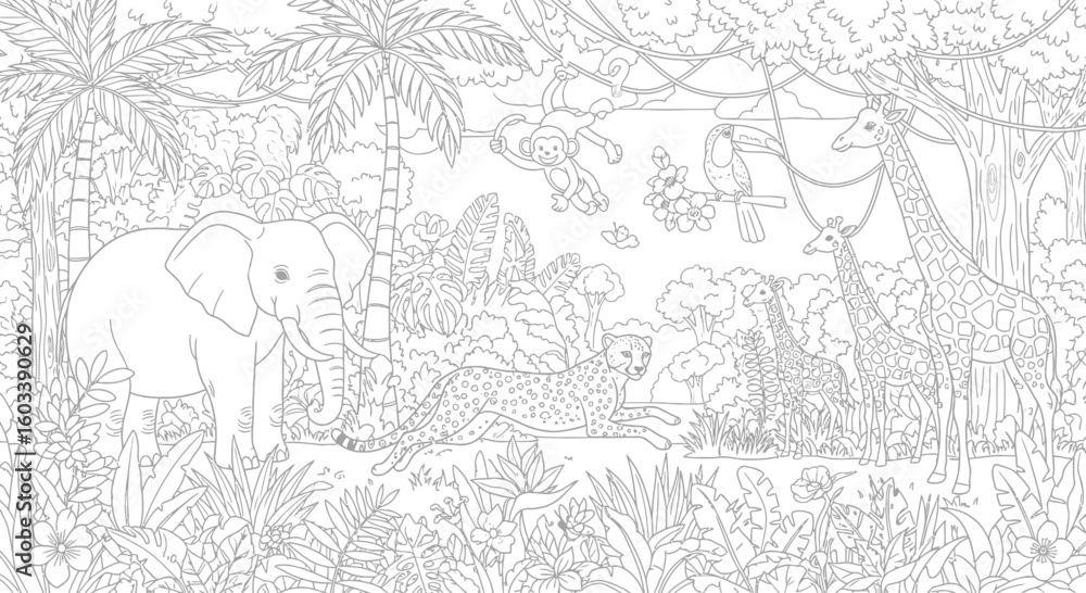 Naklejka premium Drawing to paint jungle animals coloring page for kids and adults featuring elephant giraffe monkey toucan and cheetah line art vector