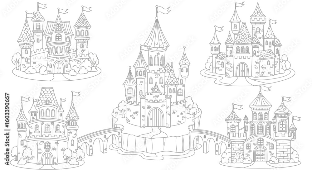 Naklejka premium Drawing to paint coloring pages for kids and adults featuring beautiful castle illustrations and fantasy kingdom designs art line vector