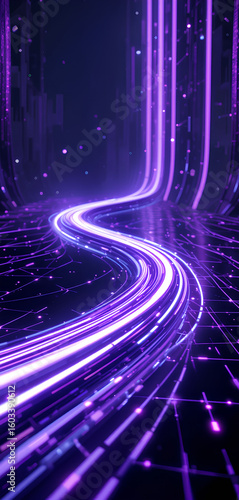 Conceptual Streaming Data Flowing on a Purple Tech Road with AI

