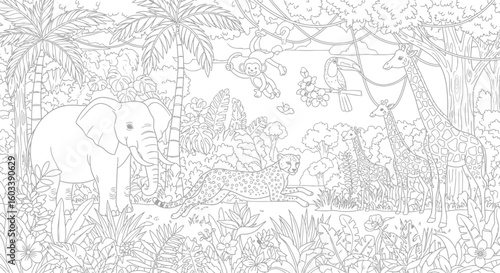 Drawing to paint jungle animals coloring page for kids and adults featuring elephant giraffe monkey toucan and cheetah line art vector