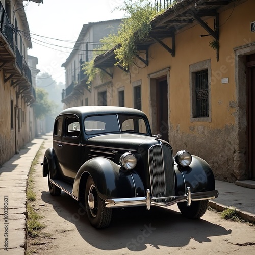 Title:
Black Classic Car Parked on Cobblestone Street in Historic City