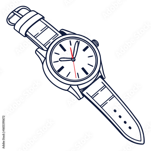 A stylish wristwatch with a leather strap displays the current time