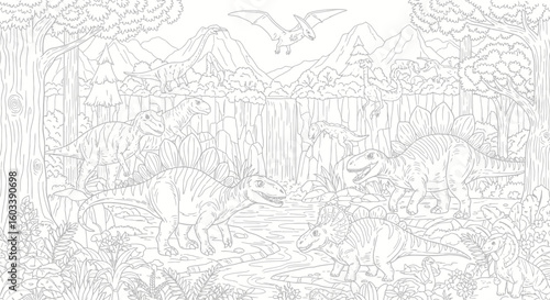 Drawing to paint dinosaur coloring page for kids and adults with stegosaurus triceratops and pterodactyl line art drawing vector