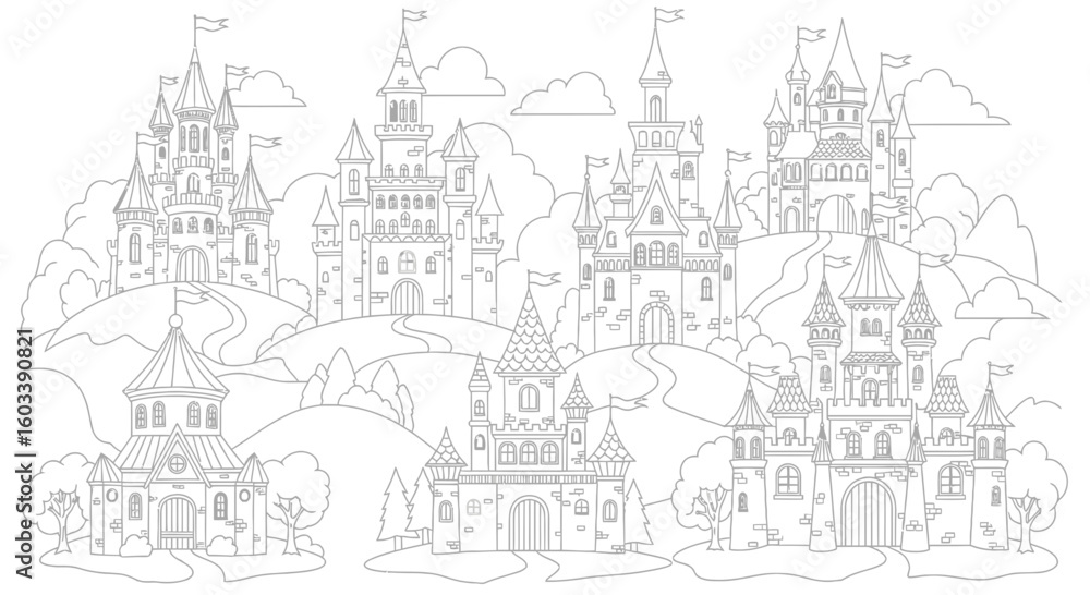 Fototapeta premium Drawing to paint detailed line art of fantasy castles on hills coloring page for adults and kids printable activity sheet vector