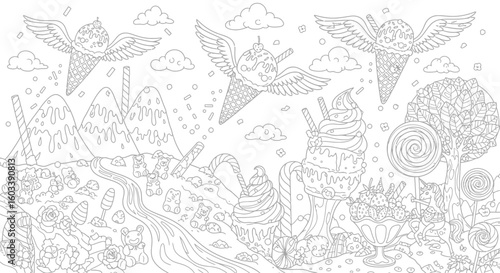 Drawing to paint detailed candy land coloring page with ice cream cones lollipops and gummy bears for kids and adults vector