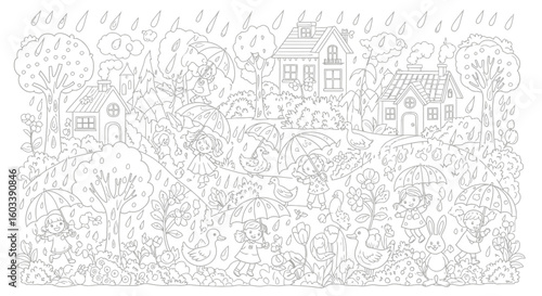 Drawing to paint rainy day coloring page for kids with children umbrellas ducks and houses vector illustration design vector