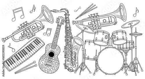 Drawing to paint musical instruments coloring page for kids and adults trumpet saxophone guitar drum set piano music notes vector
