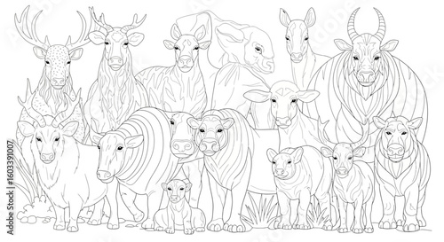 Drawing to paint detailed line art illustration of diverse cattle and deer species for coloring and educational purposes vector