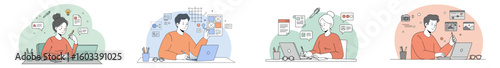 Illustration of four professionals working at desks with laptops and creative icons on pastel backgrounds