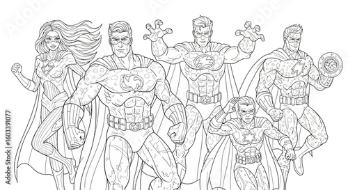 Drawing to paint superhero team coloring page for kids and adults comic book style illustration vector outline art drawing vector