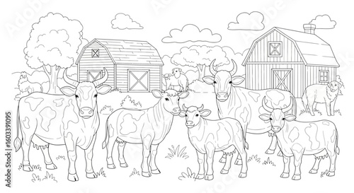 Drawing to paint cows and sheep on farm coloring page for kids and adults animal farm scene printable activity sheet vector