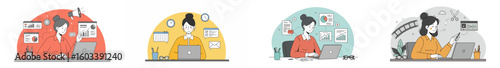 Multi-panel illustration of four professional women engaged in distinct work activities