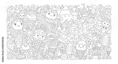 Drawing to paint detailed ice cream coloring page for adults and kids with cute dessert and candy land illustration fun art vector
