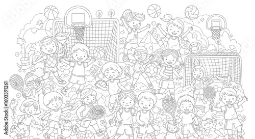 Drawing to paint coloring page of kids playing sports like basketball soccer tennis volleyball for children education fun vector