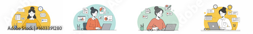 Illustration of four women in different professional roles with laptops and work icons