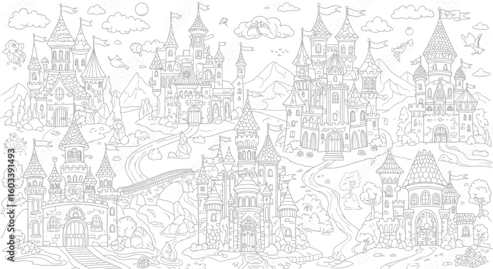 Obraz premium Drawing to paint detailed castle landscape coloring page for adults and kids printable fantasy kingdom architecture drawing art vector