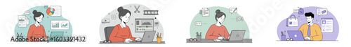 Illustration of four professionals working in different roles at desks with pastel backgrounds