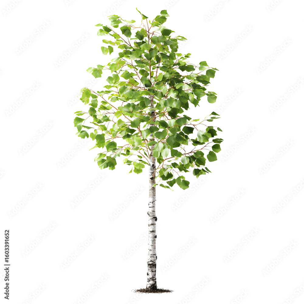 Fototapeta premium Isolated birch tree with green leaves on black background for botanical use