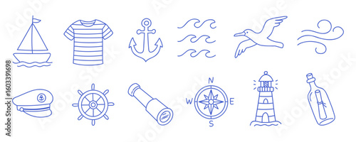 Set of 12 vector marine isolated elements. Blue line vector icons on white background
