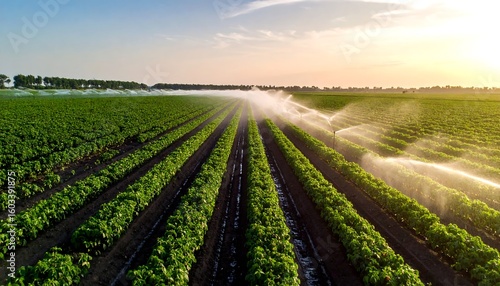 Aerial view of irrigated farmland at sunset