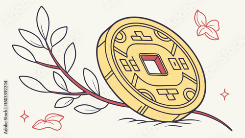 Ancient Chinese Coin with Branch and Blossoms Illustration.