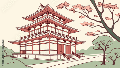 Asian Pagoda with Blossoms and Trees.