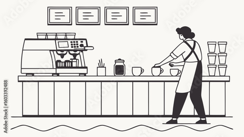 Barista at Coffee Shop Counter with Espresso Machine and Cups.