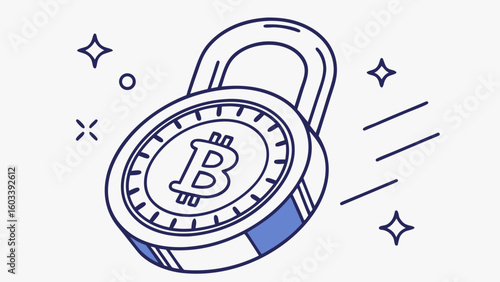 Bitcoin Cryptocurrency Secured with Padlock Illustration.