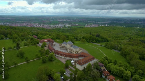 Aerial view of the city Solitude palace in Germany on a sunny noon in spring	