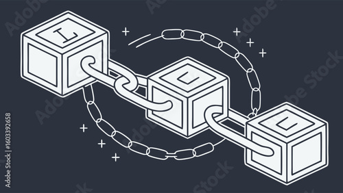 Blockchain Illustration Interconnected Cubes with Chain Links and Plus Symbols.