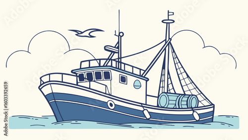 Blue and White Fishing Trawler at Sea with Barrels.