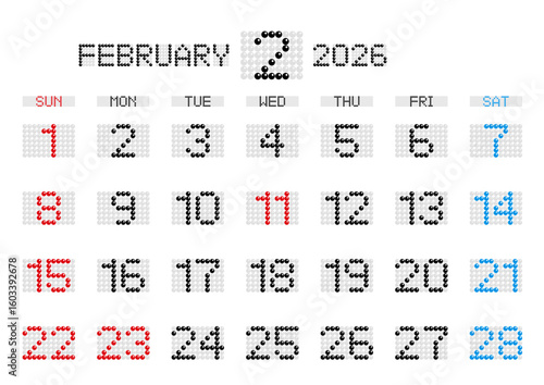 2026年2月の電光掲示板風カレンダー 日曜始まり