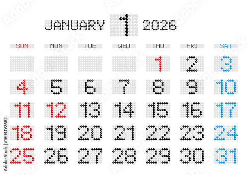 2026年1月の電光掲示板風カレンダー 日曜始まり