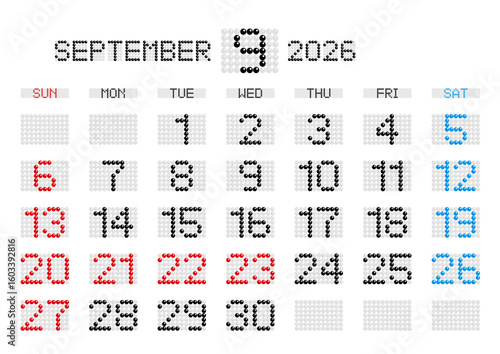 2026年9月の電光掲示板風カレンダー 日曜始まり